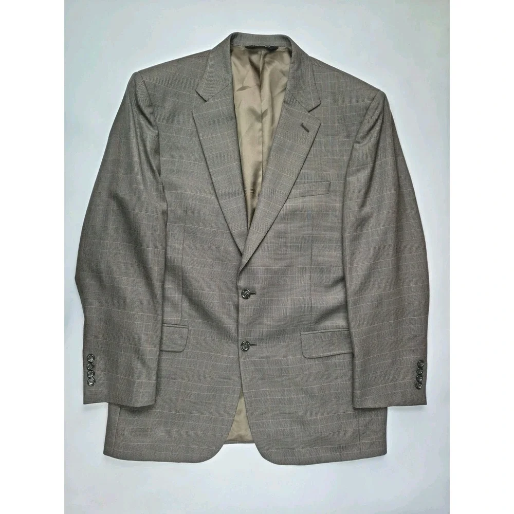 Jos A Bank Mens Wool Sports Coat 42L Taupe Plaid 2 Button Blazer P801